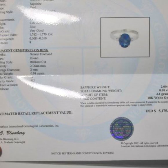 Blue Sapphire 2.00ct Diamonds 18K White Gold Ring - Picture 4 of 7